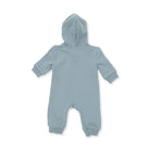 A baby's long-sleeve hooded footless romper in a dusty light blue color, shown from the back against a plain white background.