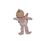 Baby doll in pink outfit with white patterns on a white background