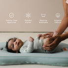 Baby lying on a cushion with tummy time approved, padded center, machine washable, and organic fabrics features.