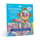 Origami papers packaging with colorful patterns and a bear design on a blue background