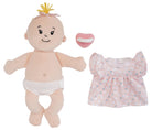 Plush baby doll with diaper, pacifier, and dress on a white background