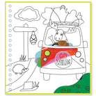 Coloring page with a moose in a car labeled 'Go Wild!' and a hedgehog on the side.