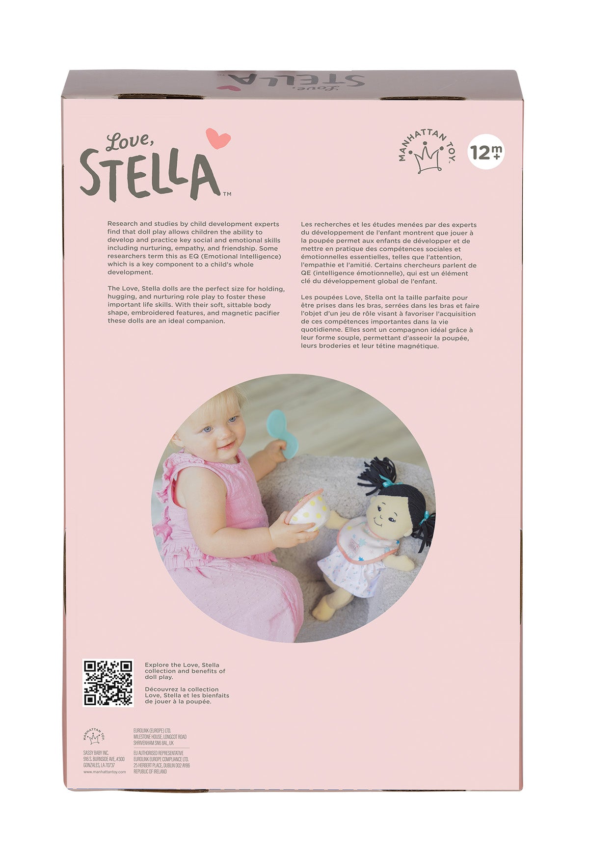 Box packaging for a doll named Stella with images of a child and the doll on a pink background.