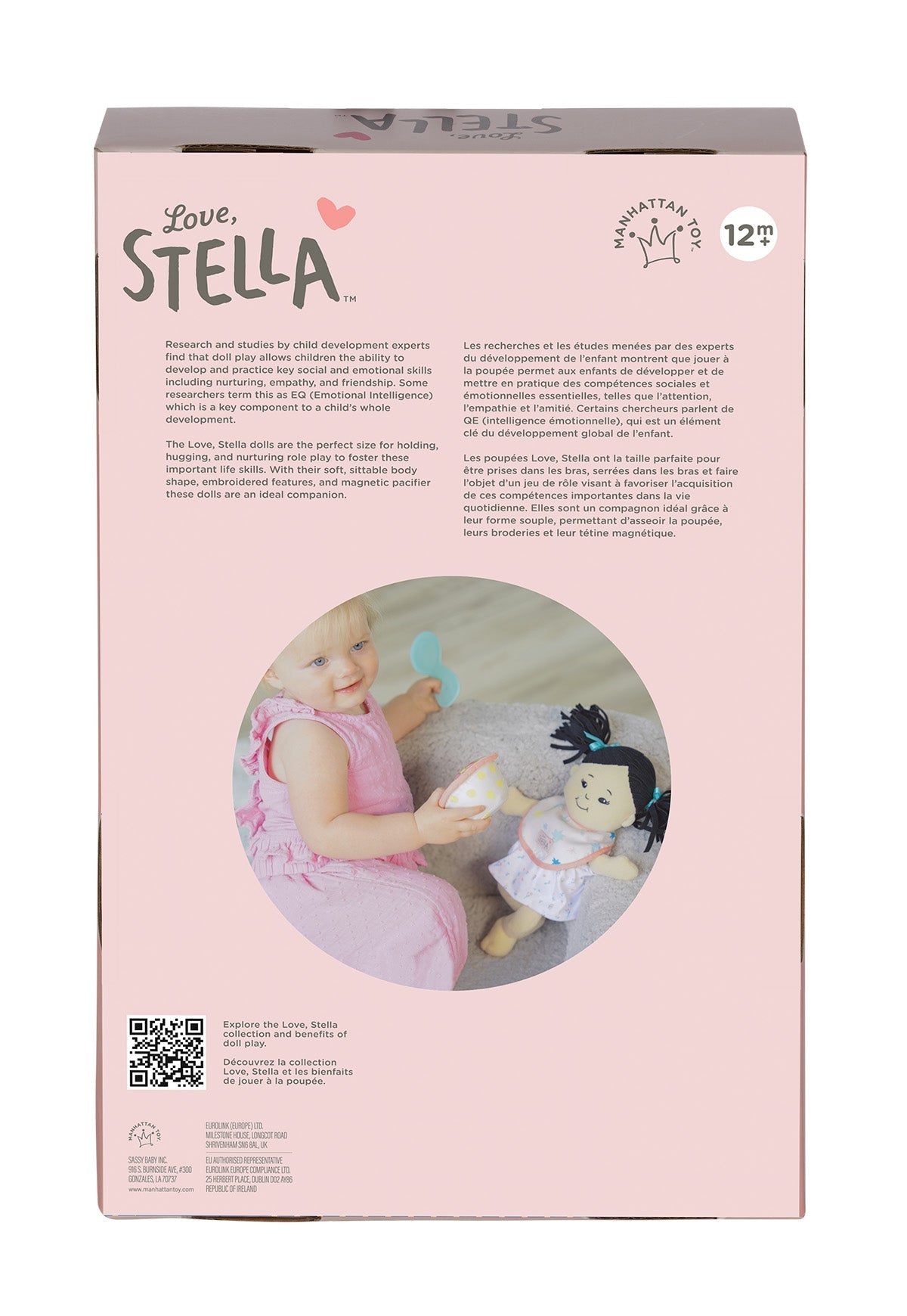 Box packaging for a doll named Stella with images of a child and the doll on a pink background.