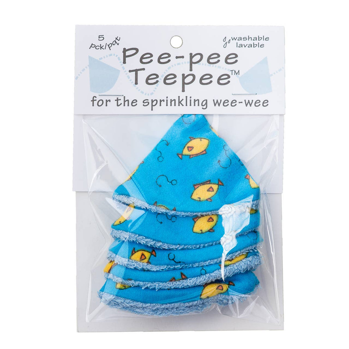 Pack of five blue baby face towels with a yellow fish pattern, sealed in clear plastic packaging with a white paper header card.