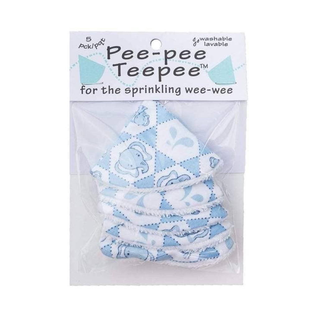 Pack of 5 Pee-pee Teepee reusable cloth diapers in a clear plastic bag with a white header card, featuring a light blue and white patterned design.