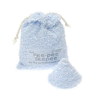 A light blue fluffy drawstring pouch with a matching small light blue pouch placed in front, printed with the text 'Pee-pee Tee-pee for the sprinkling wet-wash'.