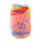 Plush toy resembling a colorful drink container with 'Lick Croix' branding on a white background