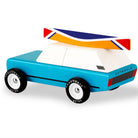 Toy car with a blue body, white top, and colorful roof on a white background