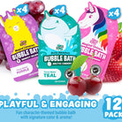 Three packages of bubble bath with colorful packaging and fruit graphics on a white background.