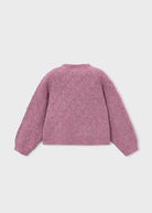 A dusty pink textured knit sweater with a diamond cable pattern, shown from the back on a plain white background.