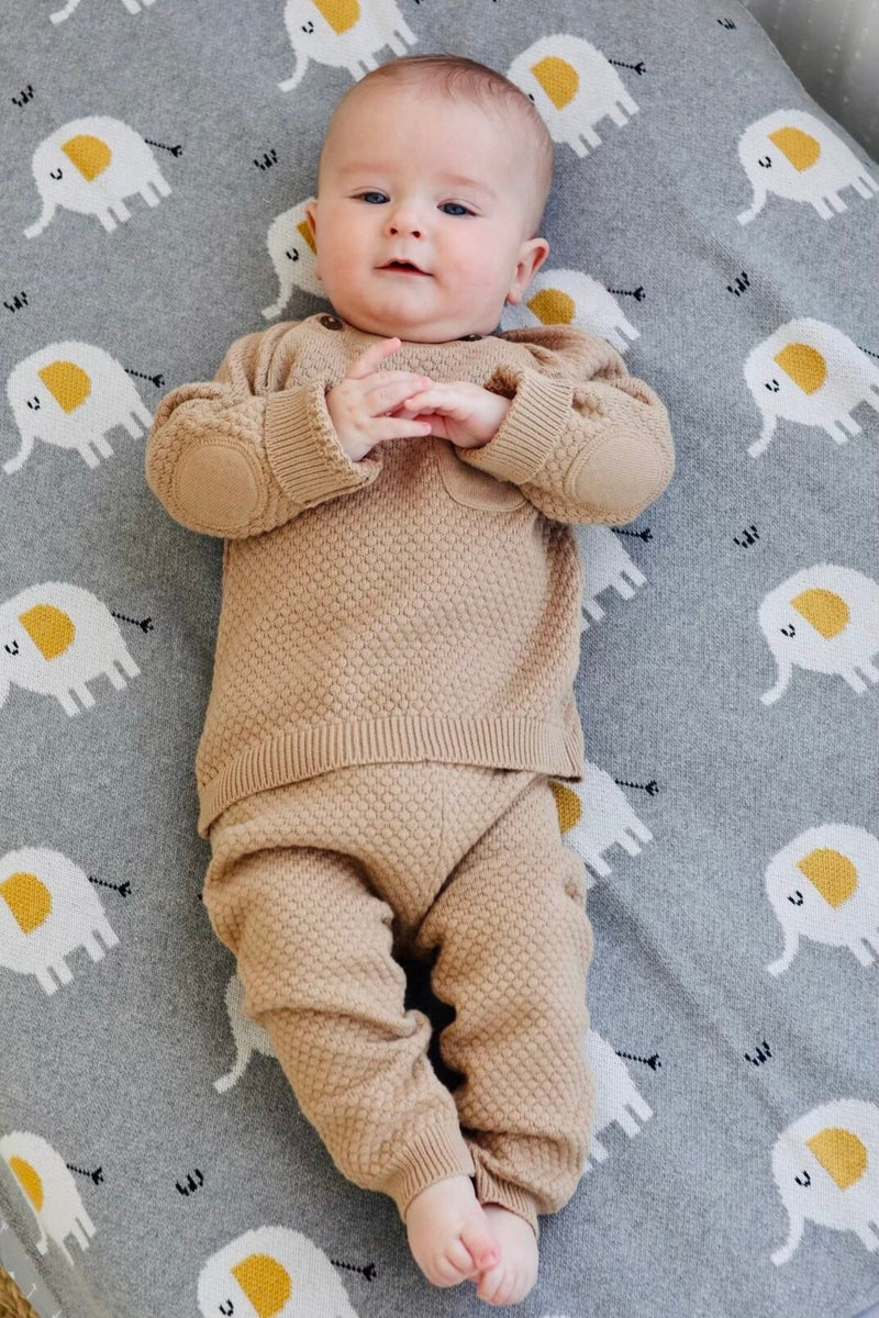 Organic Cotton Jacquard Sweater Knit Baby Blanket - Elephant by Viverano Organics