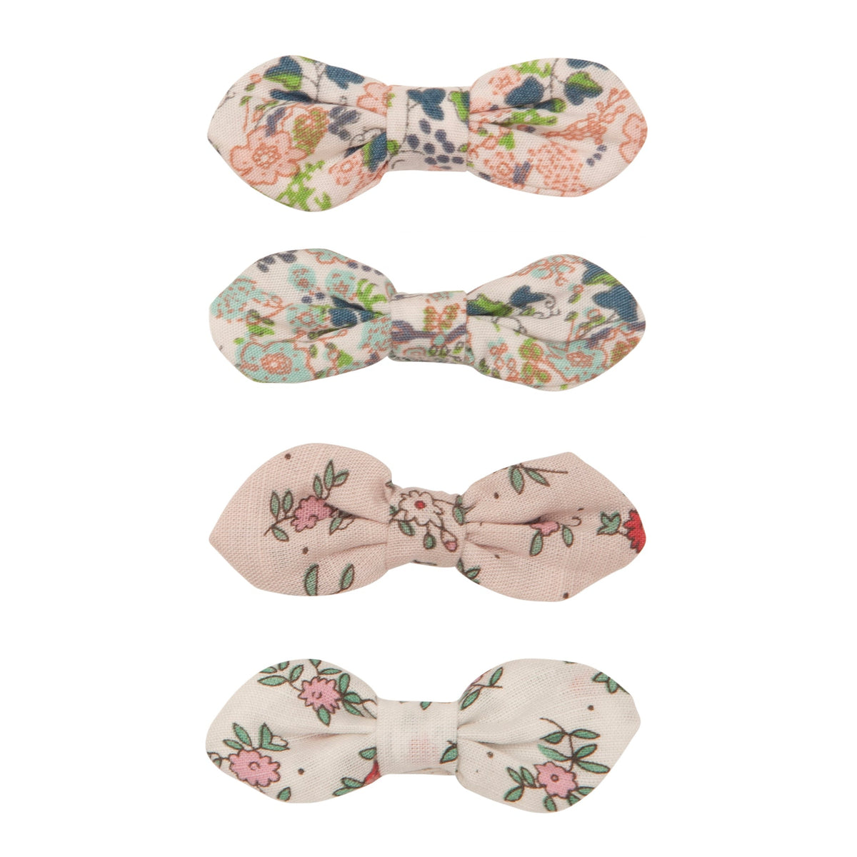 Four floral bow hair clips on a white background