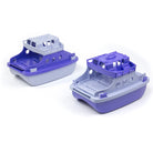 Two toy boats, one purple and gray, the other blue and gray, on a white background.