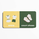 Split card with attire on yellow side and court shoes on green side
