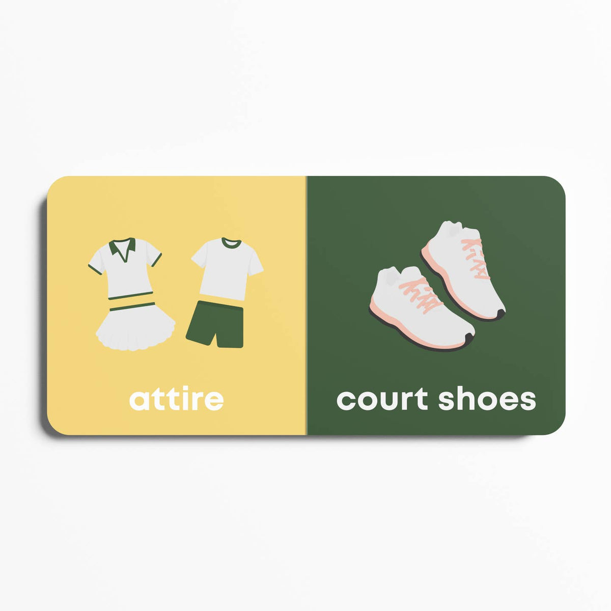 Split card with attire on yellow side and court shoes on green side