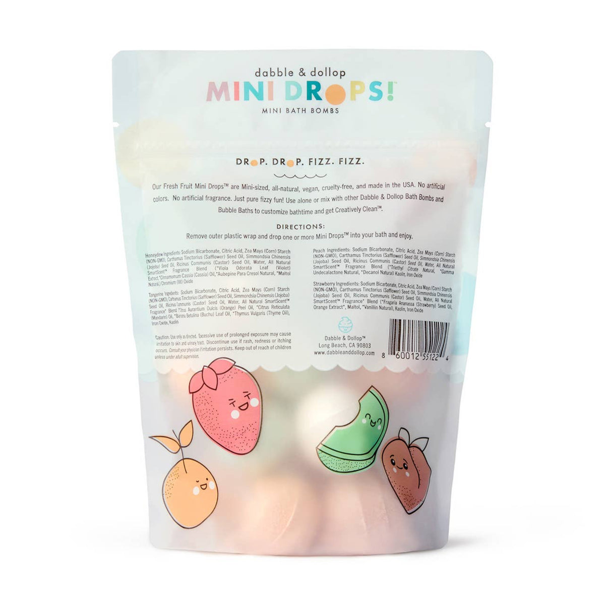 Package of dabble & dollop Mini Drops bath bombs with colorful illustrations on a white background