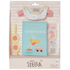 Stella travel set packaging with baby items including a bib, book, and toys.