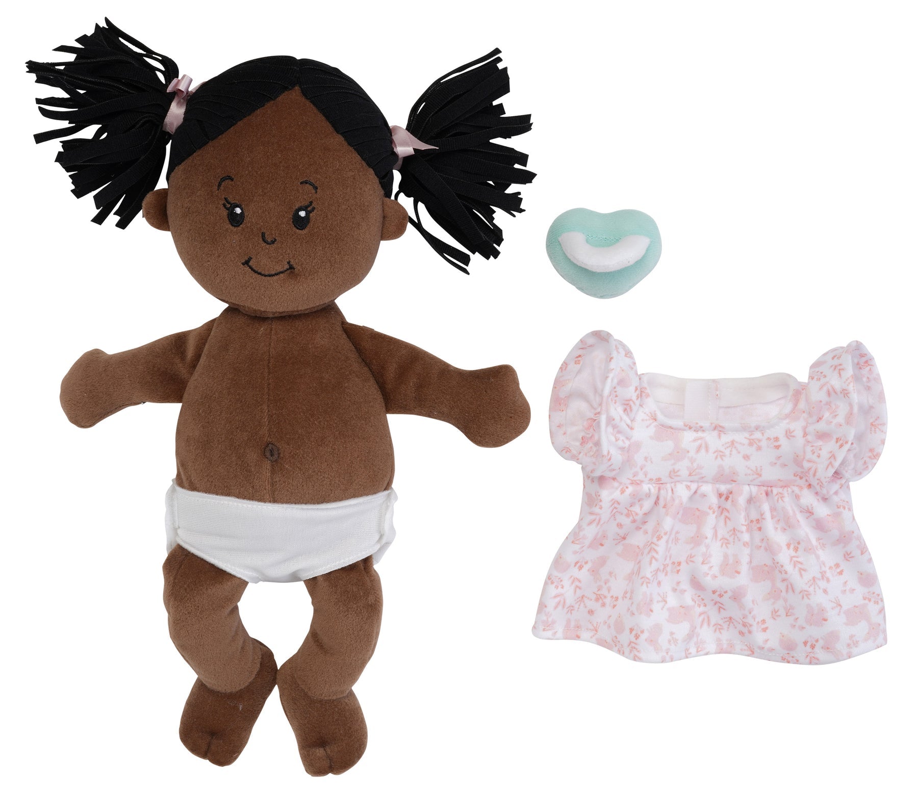 Plush doll with black hair, diaper, and a dress on a white background