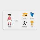Children's book page with illustrations of soccer player and related items on a white background