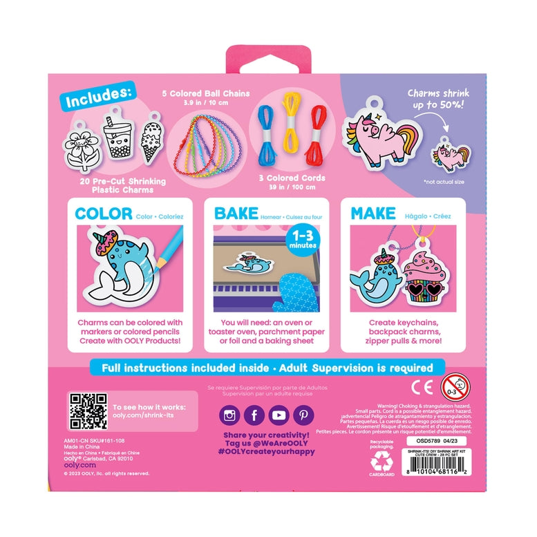 Back of a packaging for a craft kit with colorful designs and text.