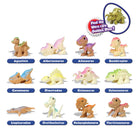 Collection of dinosaur figurines with labels on a white background