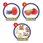 Step-by-step guide to unwrap, reveal, and collect dinosaur toys from a mystery egg.