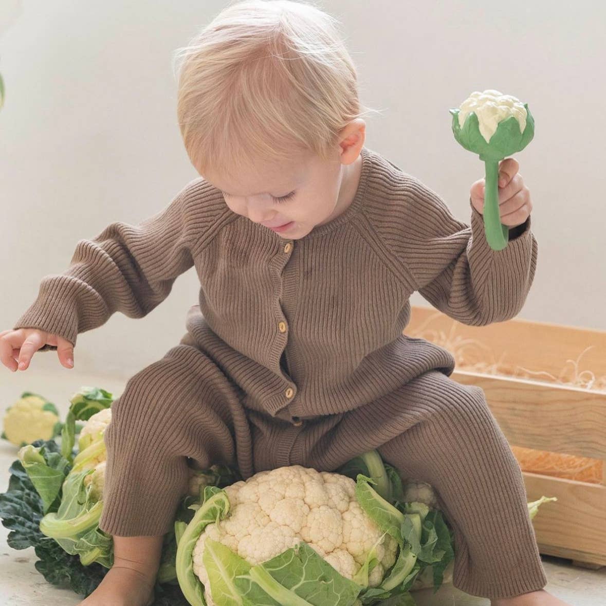 Child in a brown outfit playing with toy vegetables on a light background