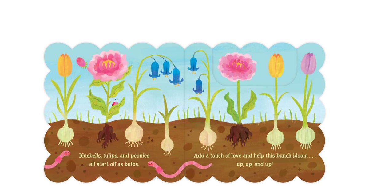 Illustration of flowers growing from bulbs with text on a white background