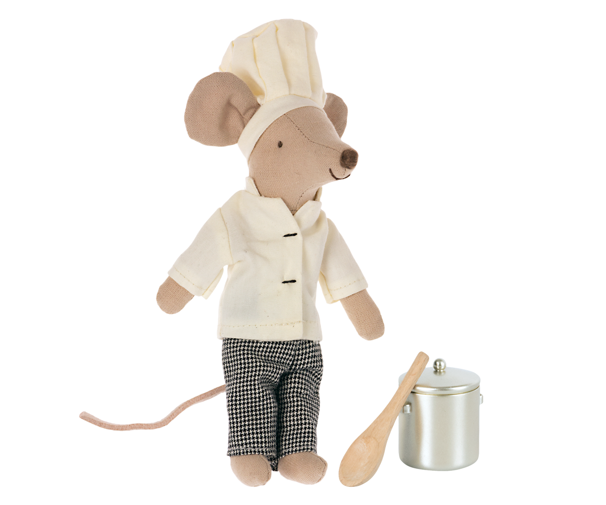 A plush mouse toy dressed as a chef, wearing an off-white chef hat and jacket with black-and-white gingham pants, shown with a small silver pot and wooden spoon on a plain white background.