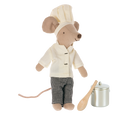 A plush mouse toy dressed as a chef, wearing an off-white chef hat and jacket with black-and-white gingham pants, shown with a small silver pot and wooden spoon on a plain white background.