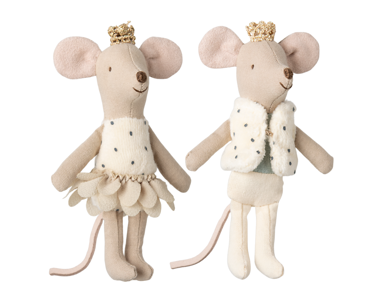 Two plush mouse toys with decorative outfits on a white background