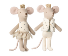 Two plush mouse toys with decorative outfits on a white background