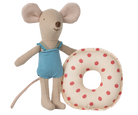 Stuffed mouse toy with a blue outfit holding a polka dot ring on a white background