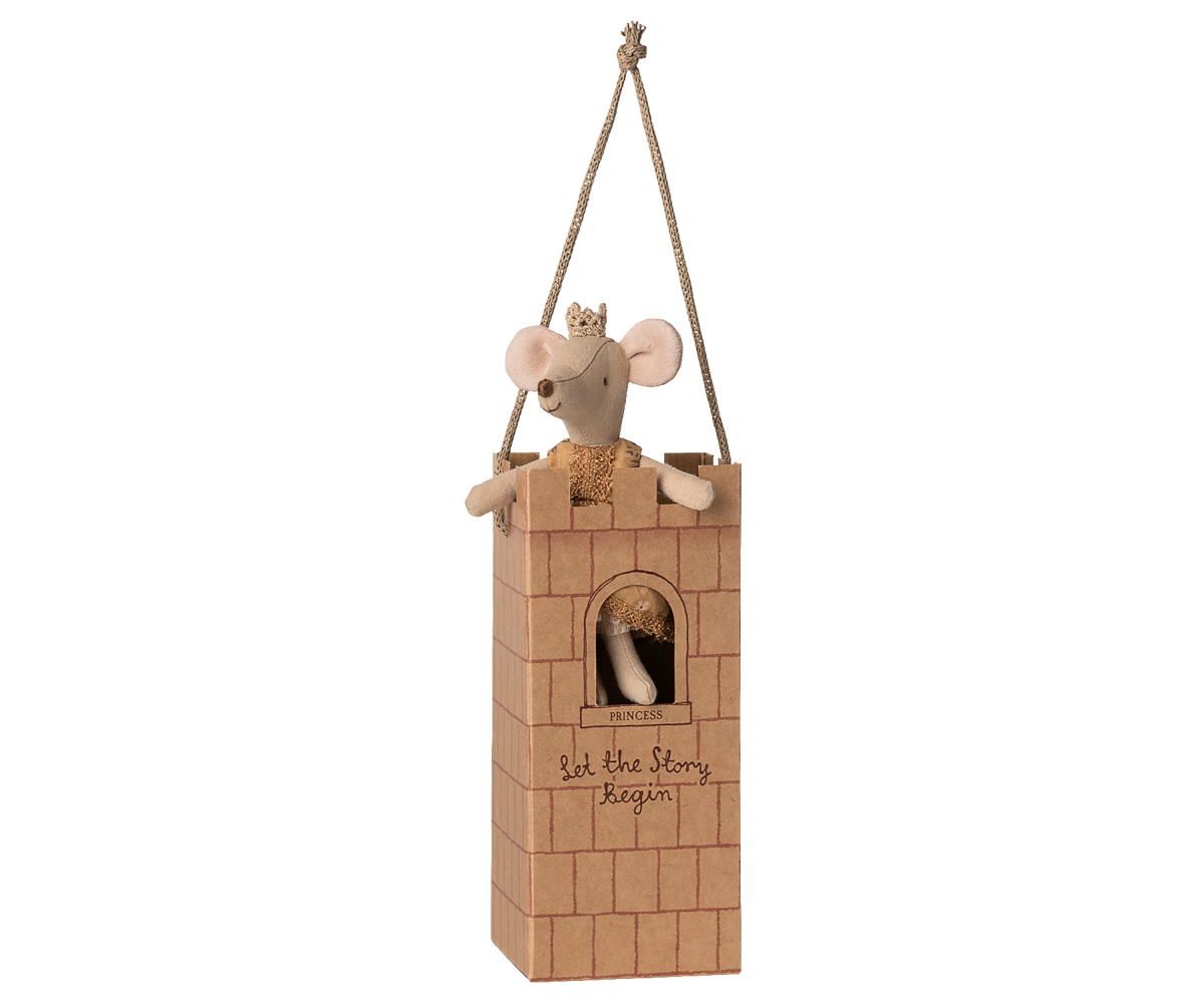 Decorative mouse in a wooden house with 'Let the Story Begin' text on a white background