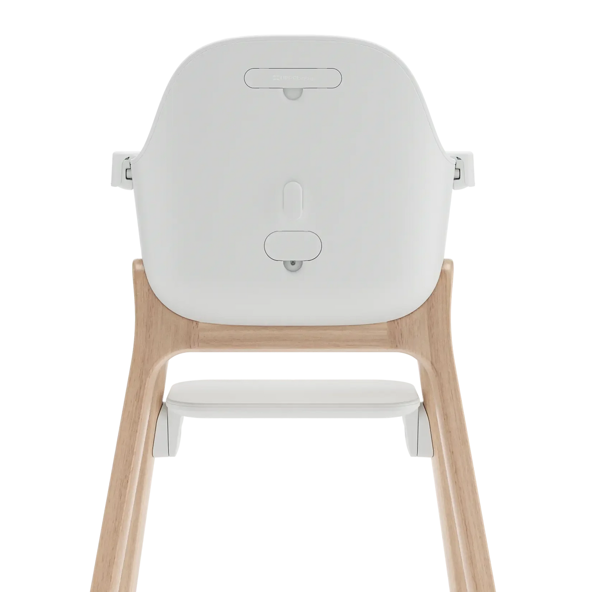 The back view of a modern high chair with a white molded plastic seat and a light natural wood frame, shown against a solid white background.