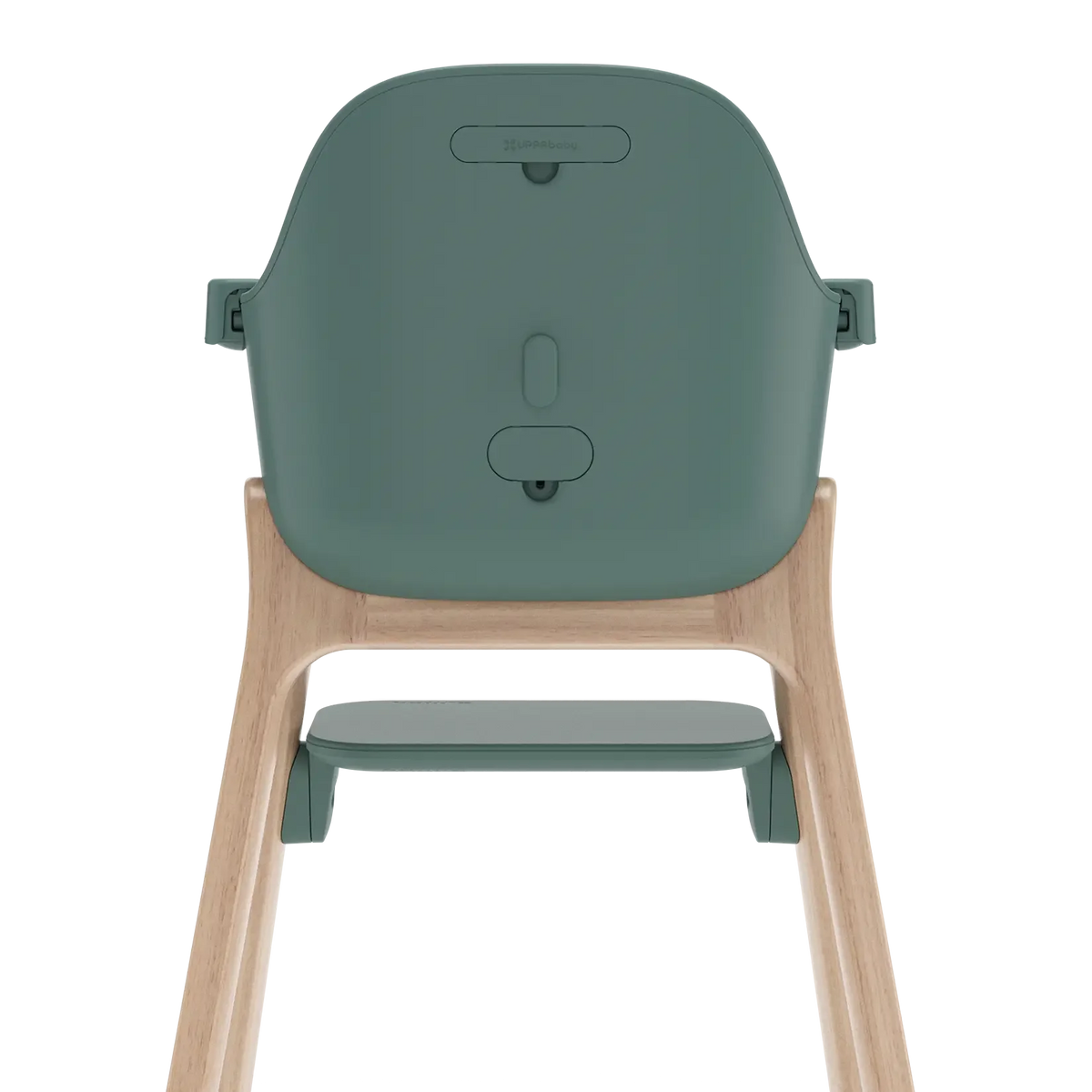 Rear view of a high chair with a muted sage green plastic seat and a light natural wood frame, shown on a solid white background.