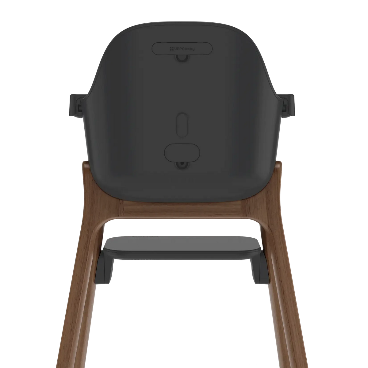 Rear view of a high chair with a dark gray molded seat and a natural wood frame, shown on a solid white background.