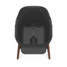 Top-down view of a high chair with a dark charcoal seat, brown wooden legs, and a matching dark footrest on a white background.