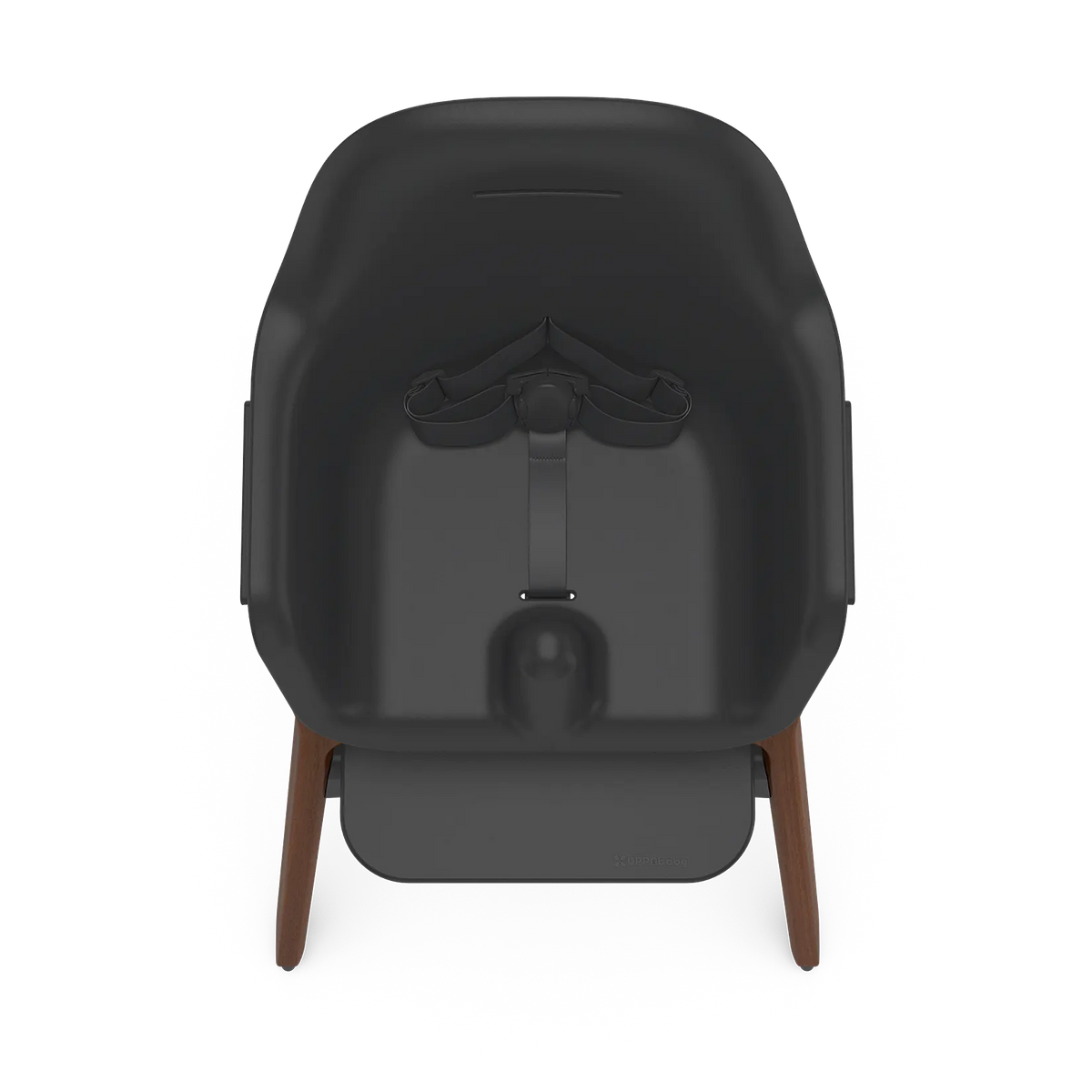 Top-down view of a high chair with a dark charcoal seat, brown wooden legs, and a matching dark footrest on a white background.