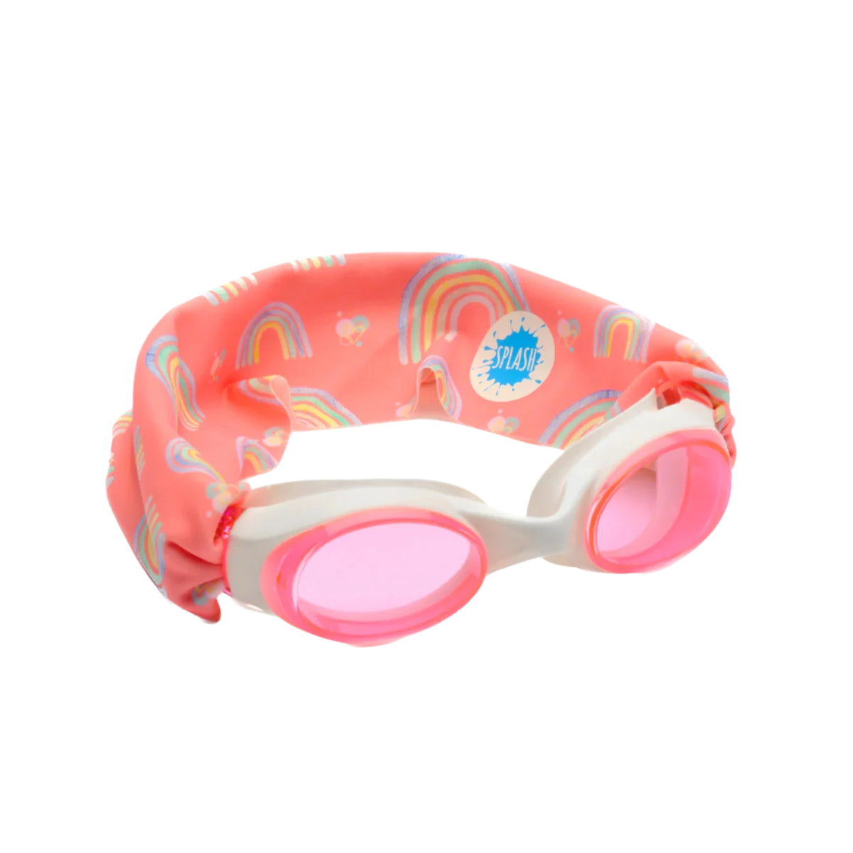 Children's swim goggles with pink lenses and rainbow pattern on a white background