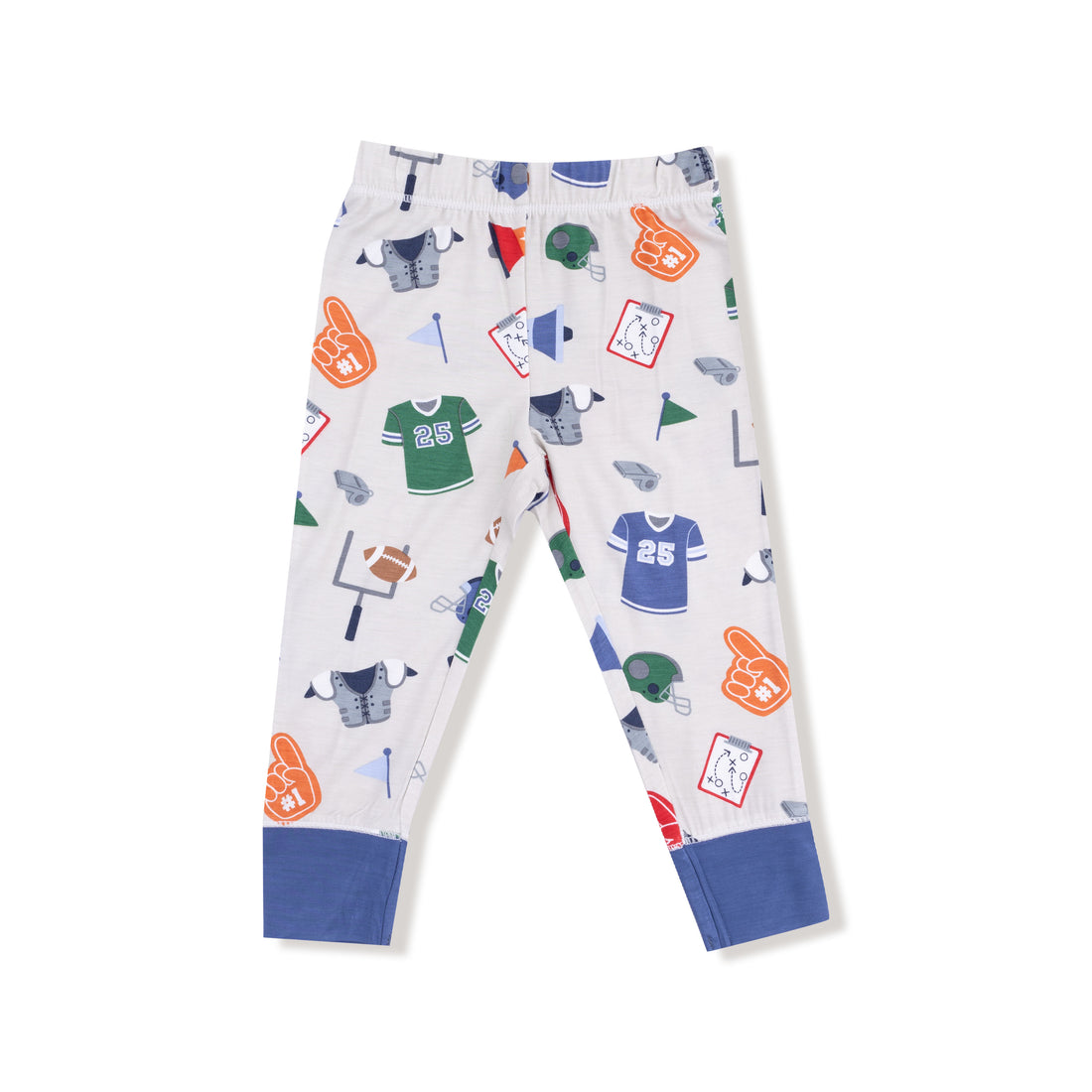 Children's pants with sports-themed pattern on a white background