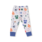 Children's pants with sports-themed pattern on a white background