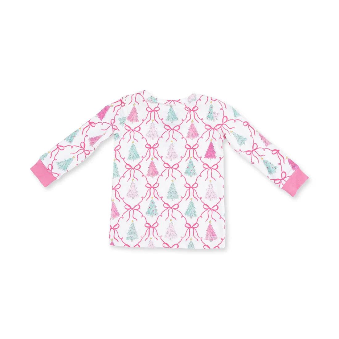 A long-sleeve children's top with a white base, featuring an all-over pattern of pink bows and light green pine trees, finished with solid pink cuffs.