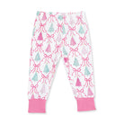 White children's pajama pants with a pink trellis pattern, decorated with pink bows and light blue Christmas trees, featuring solid pink ribbed ankle cuffs.