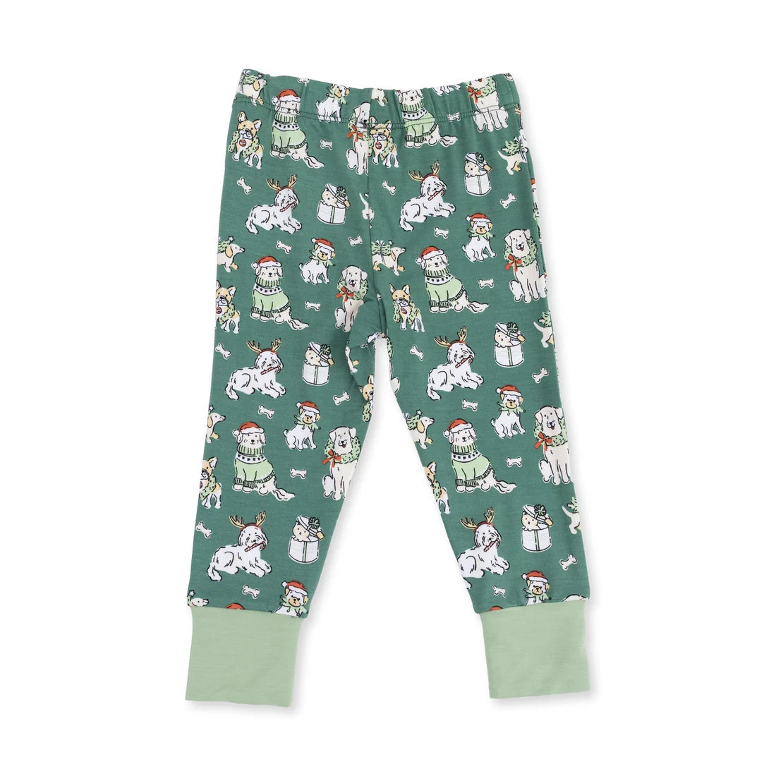 Green children's leggings with an all-over print of white dogs wearing Santa hats and scarves, with light green cuffed hems, shown flat on a white background.