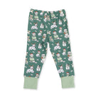 Green children's leggings with an all-over print of white dogs wearing Santa hats and scarves, with light green cuffed hems, shown flat on a white background.