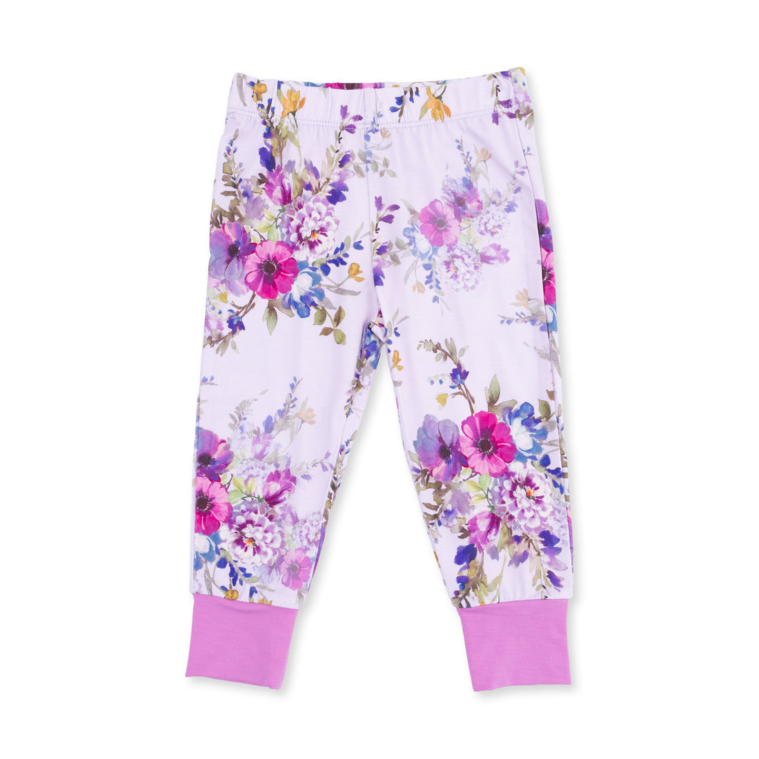 A pair of children's jogger pants featuring a light purple and white floral print with vibrant pink, purple, and blue flowers, finished with solid pink ribbed ankle cuffs.