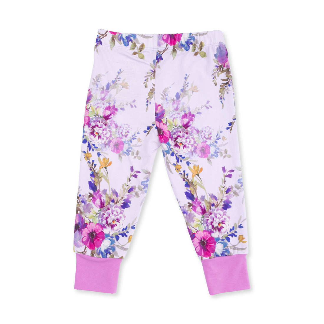 A pair of children's leggings with a light lavender floral print and solid pink cuffs, shown flat on a white background.