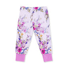 A pair of children's leggings with a light lavender floral print and solid pink cuffs, shown flat on a white background.